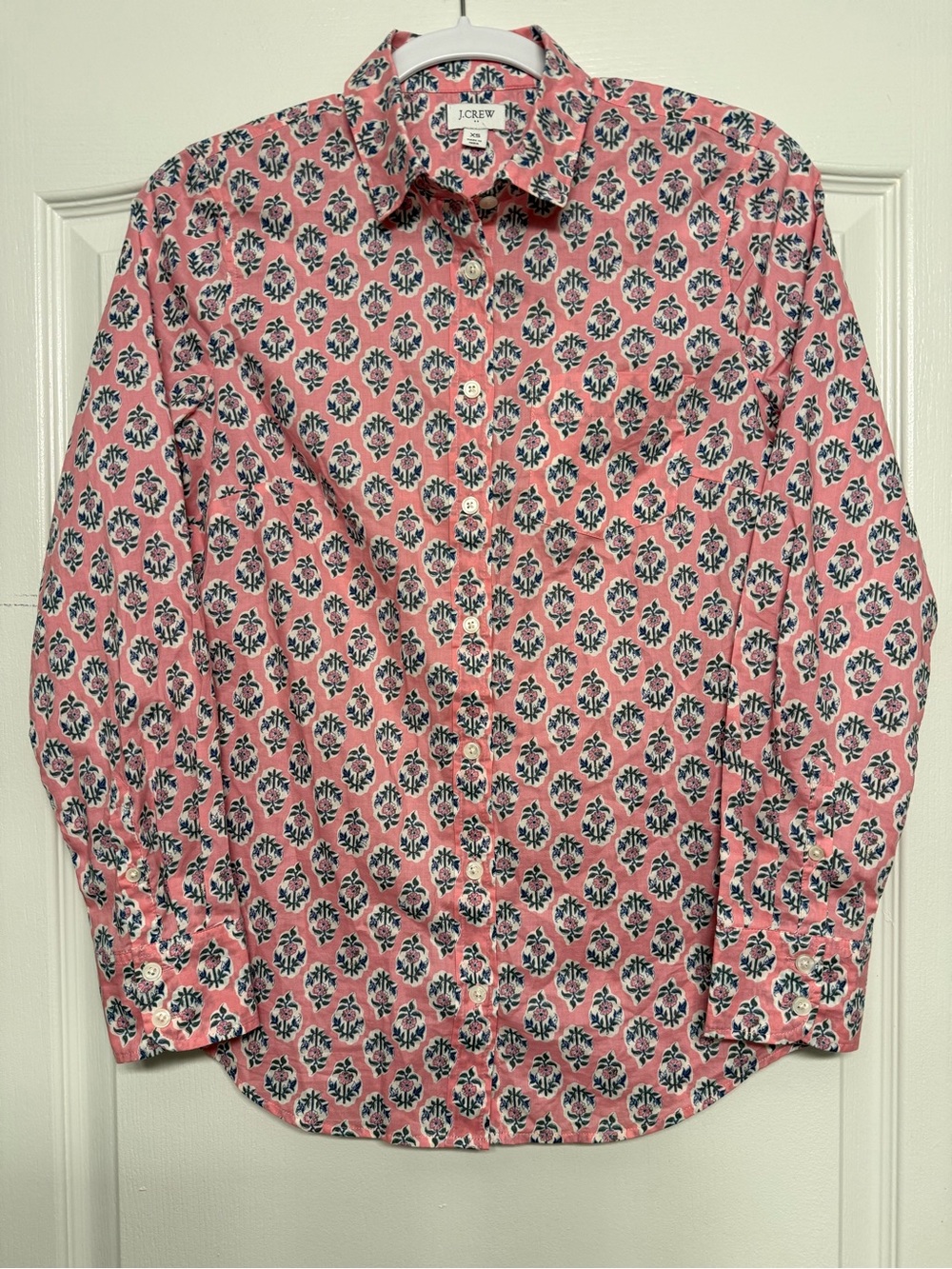 J.Crew XS Pink Block Print Floral Cotton Button Down Shirt Preppy Cottagecore